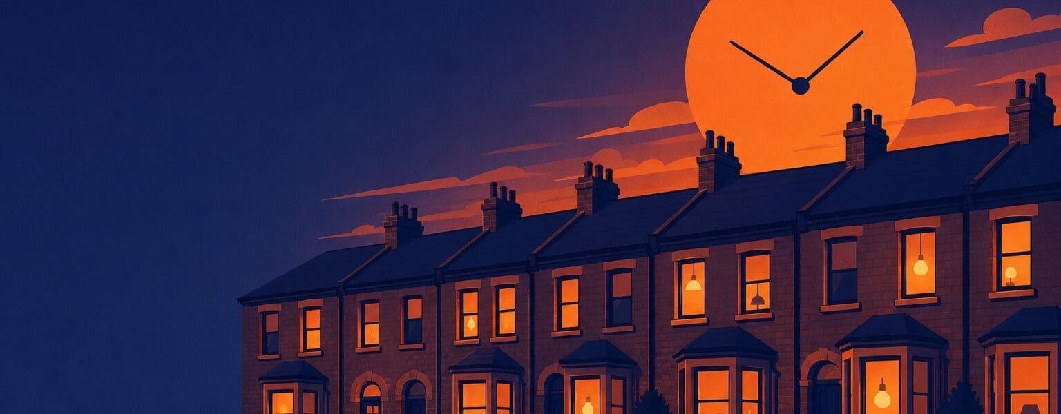 Flat illustration of terraced houses at dusk with a clock-like sun, for a time of use tariff guide